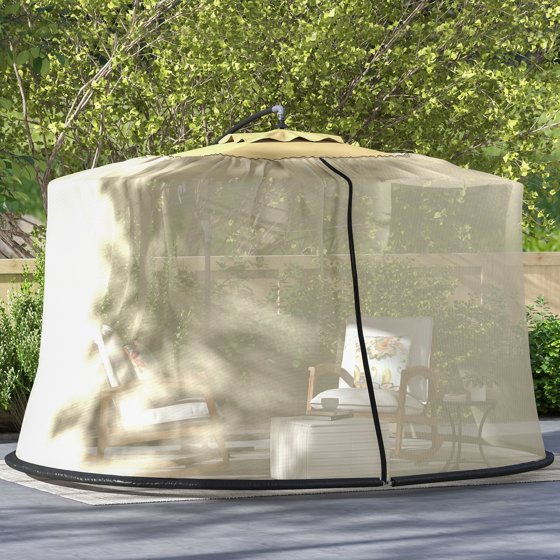 7.5FT Umbrella Table Screen Mosquito Bug Net, Garden Large Umbrella Cover Netting with Zippered Door, Beige