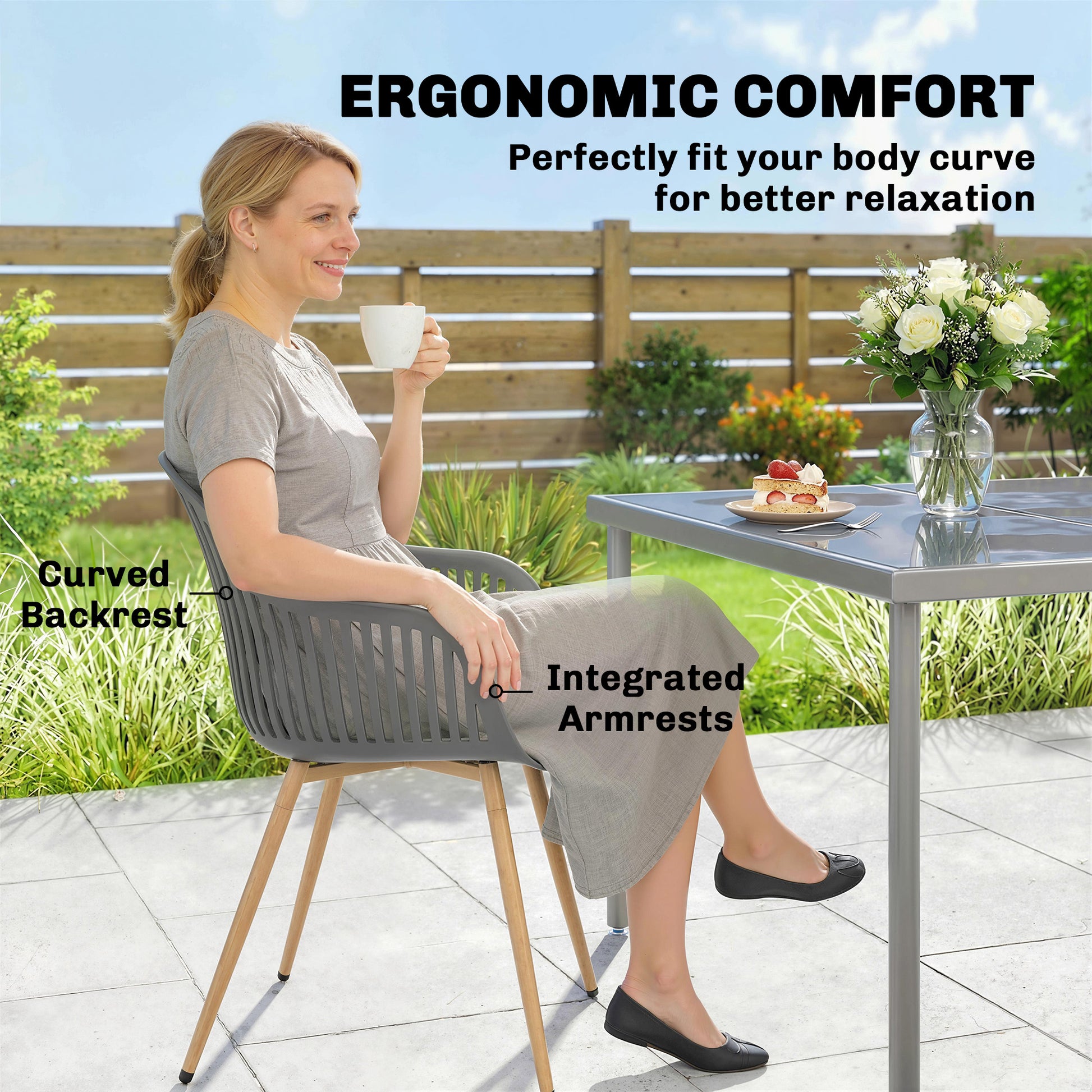 Outdoor Dining Chairs Set of 4, Patio Chairs with Slotted Backrest, Grey