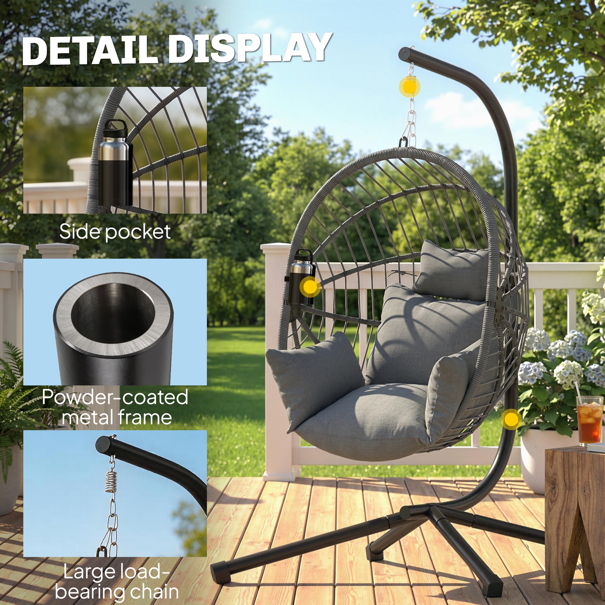 Metal Stand Hanging Egg Chair, with Full Body Padded Seat - Grey
