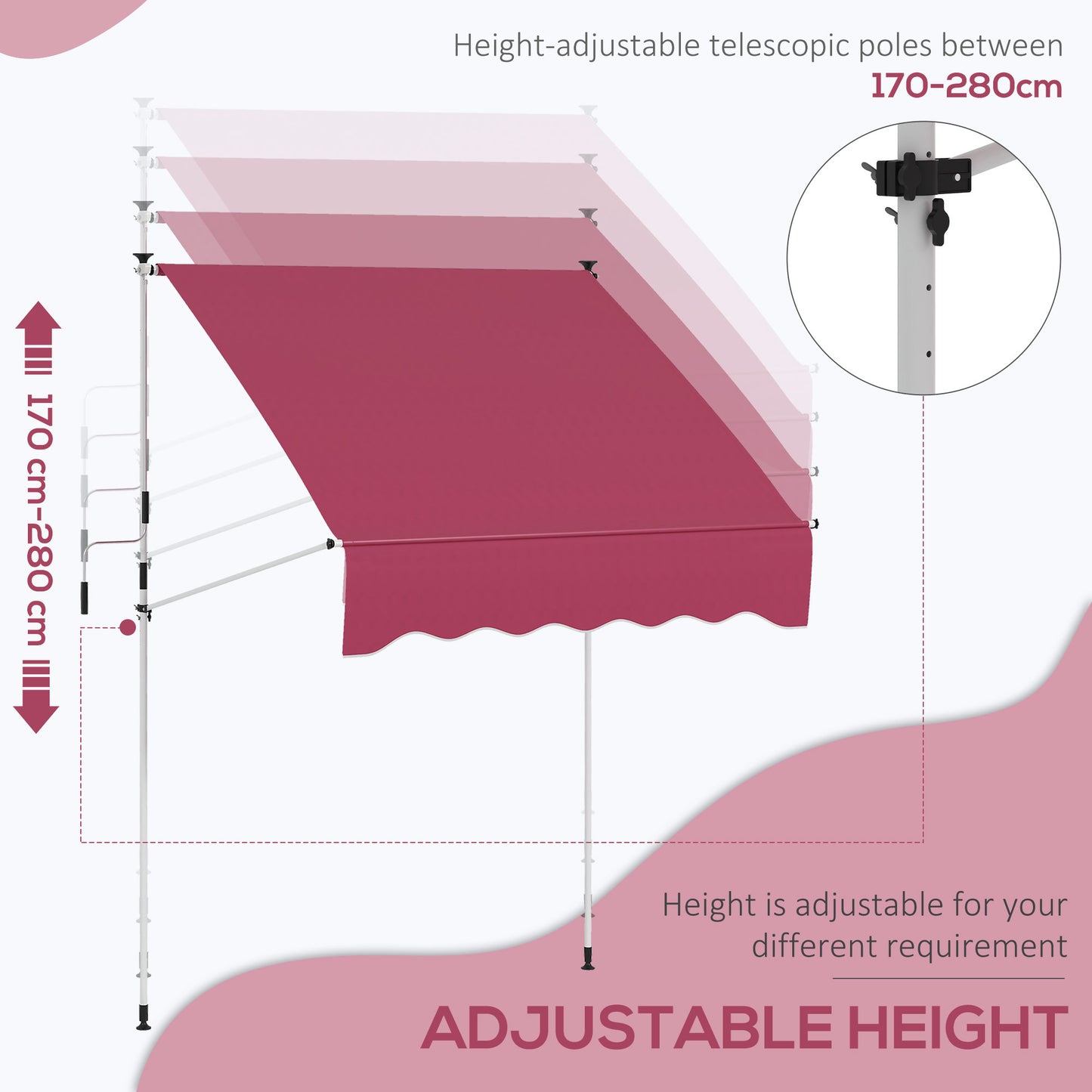 6.6'x5' Manual Retractable Patio Awning Sun Shelter Window Door Deck Canopy, Water Resistant UV Protector, Wine Red