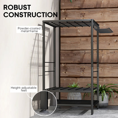 3-Tier Yard Tool Tower Rack, Garden Tool Organizer with 14 Hooks for Long-Handled Rakes, Shovel, Broom, Black