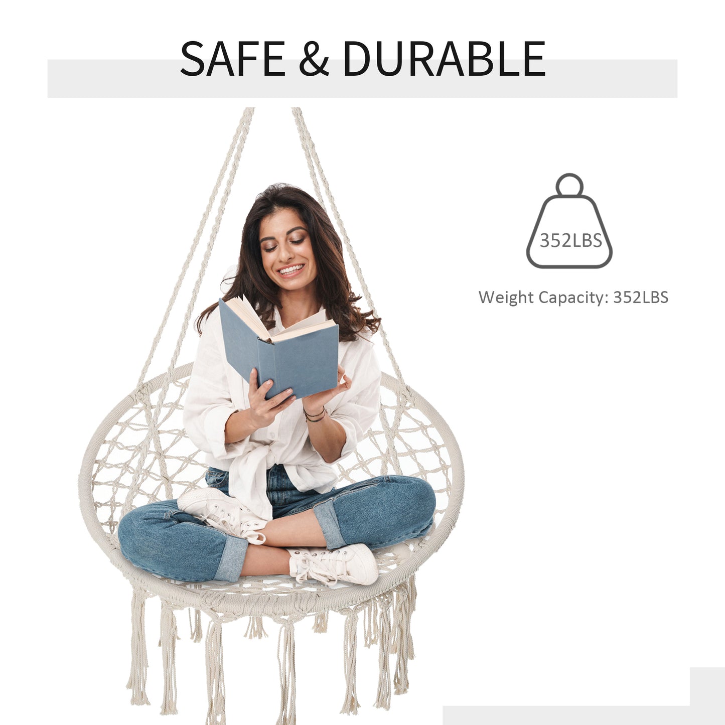 Patio Hammock Chair, Hanging Rope Hammock Swing for Indoor & Outdoor Use with Backrest, Cotton-Polyester Blend, Fringe Tassels, Cream White