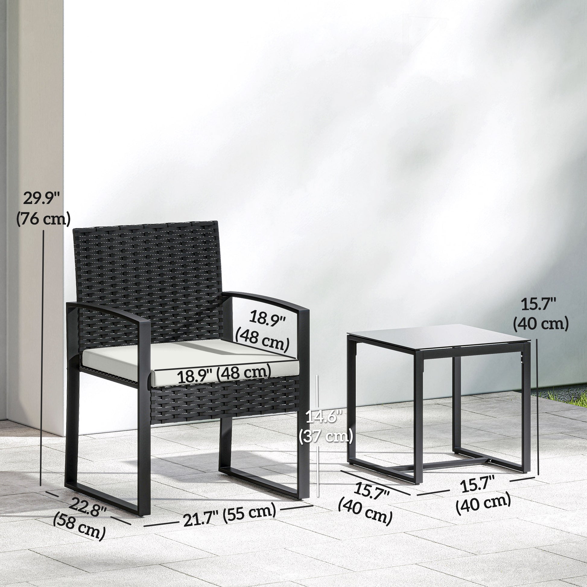 Outdoor Bistro Set, 3 Piece Wicker Patio Furniture Set with Glass Top Table and Cushions for Porch, Balcony, Cream White