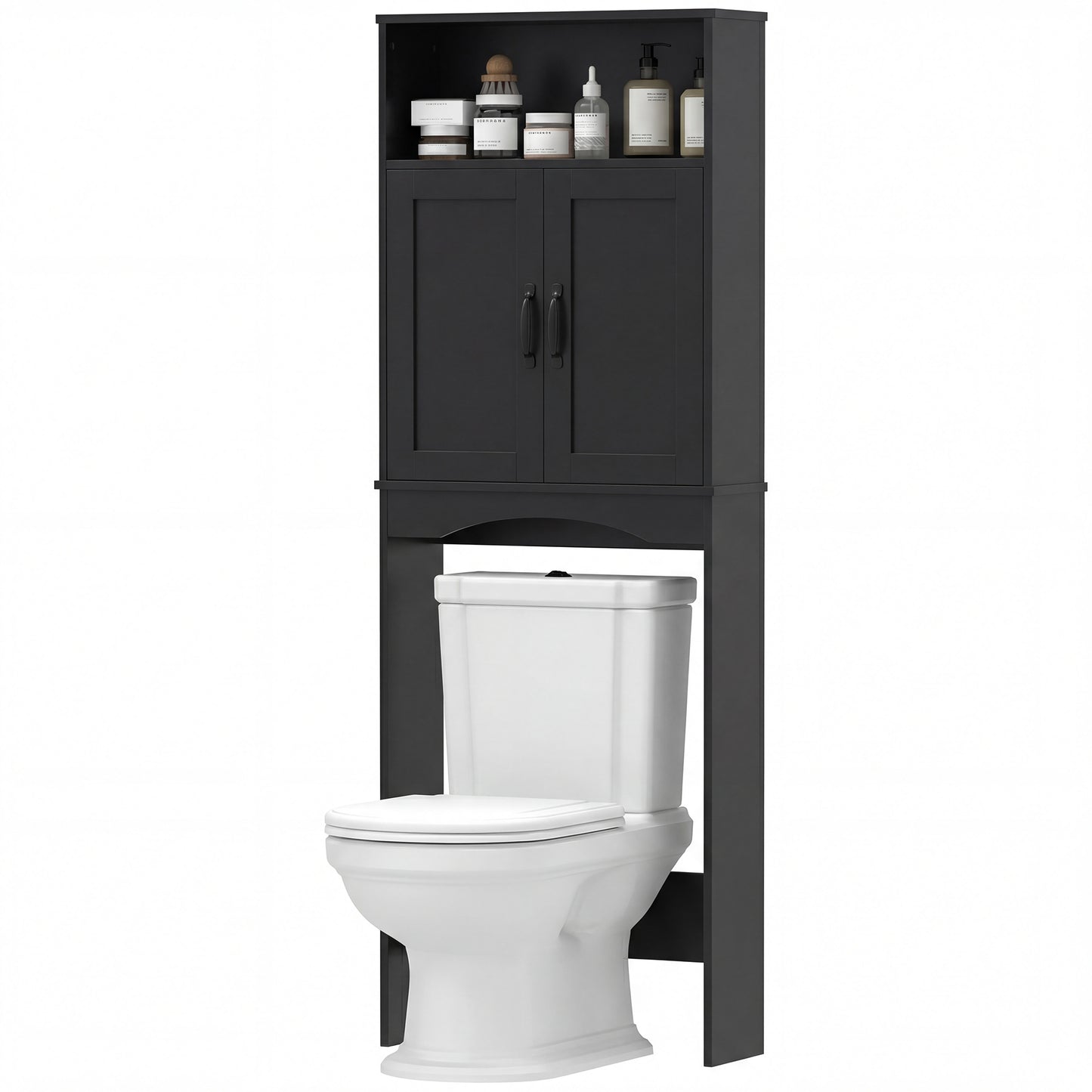 Over the Toilet Storage Cabinet Freestanding Bathroom Organizer with 2 Doors and Open Shelf Black