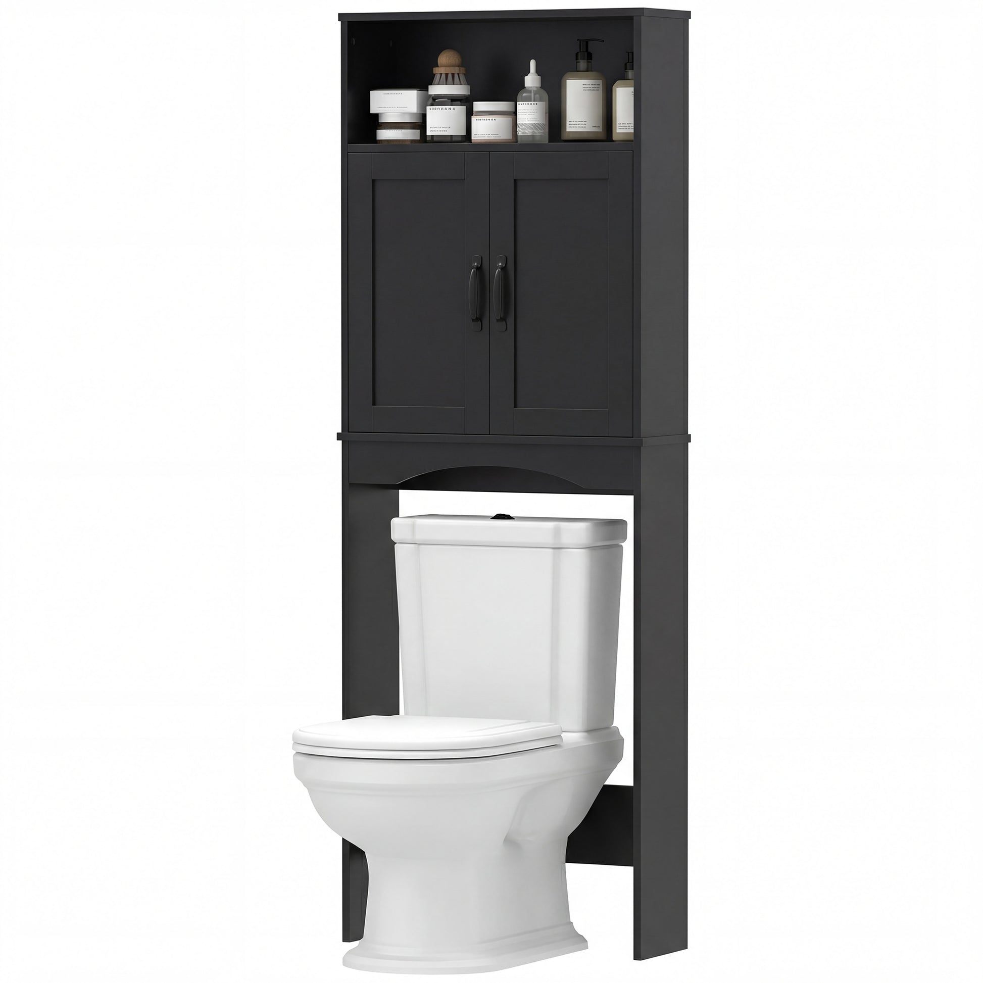 Over the Toilet Storage Cabinet Freestanding Bathroom Organizer with 2 Doors and Open Shelf Black