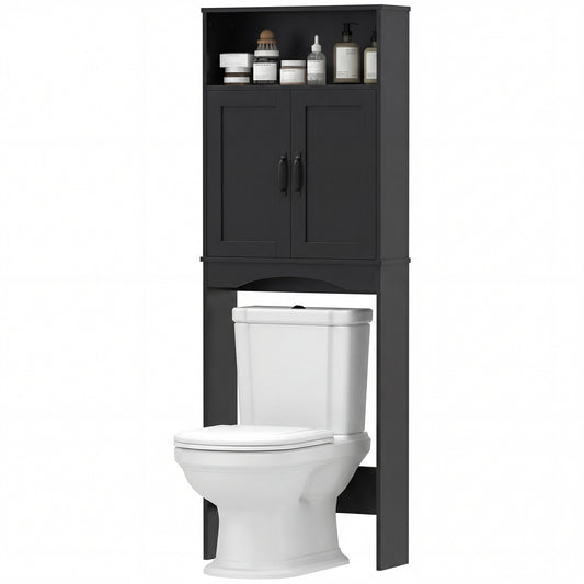 Over the Toilet Storage Cabinet Freestanding Bathroom Organizer with 2 Doors and Open Shelf Black