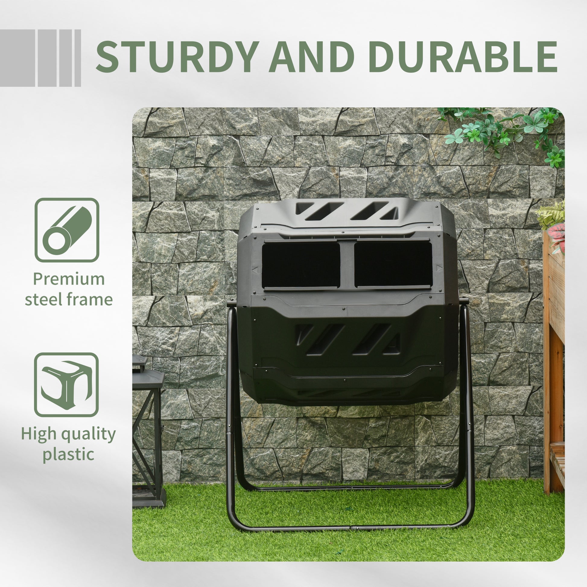 43 Gallon (160L) Tumbling Compost Bin Outdoor Dual Chamber 360° Rotating Composter with Sliding Doors, Solid Steel Frame and Gloves, Black