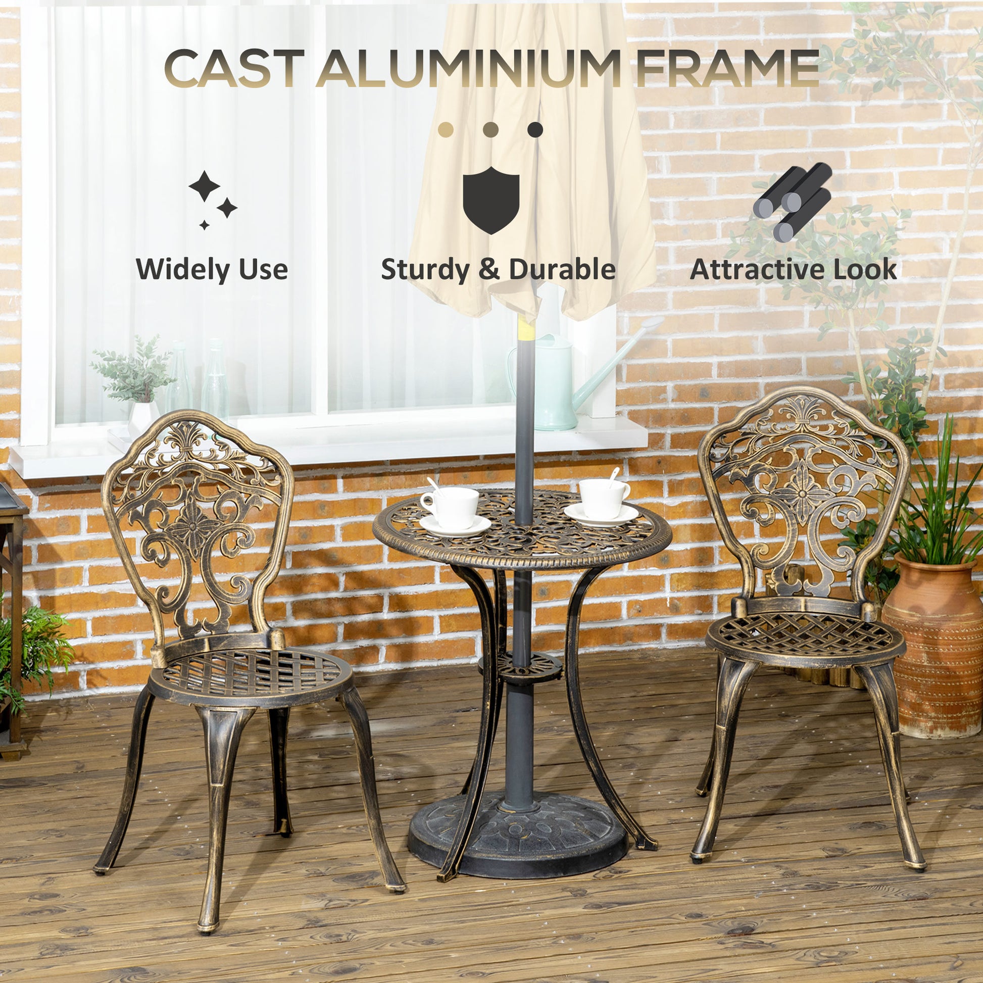 Outdoor 3 Piece Garden Bistro Set, 2 Chairs and A Round Coffee Table with Parasol Hole for Balcony, Patio, Bronze