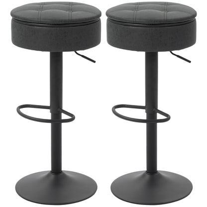 Set of 2 Barstools with Storage, Swivel Bar Stools with PU Leather Upholstered, Footrest, Steel Base, Black