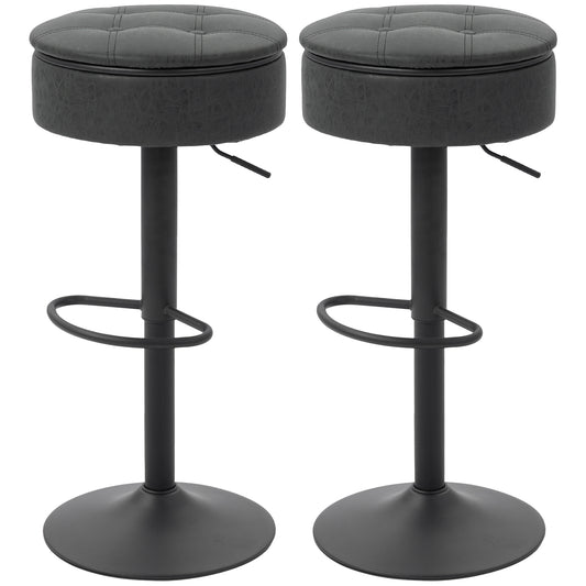 Set of 2 Barstools with Storage, Swivel Bar Stools with PU Leather Upholstered, Footrest, Steel Base, Black