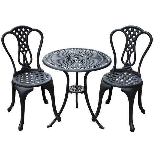 3 Pieces Antique Outdoor Bistro Set Cast Aluminum Patio Table and Chairs with Umbrella Hole, Black