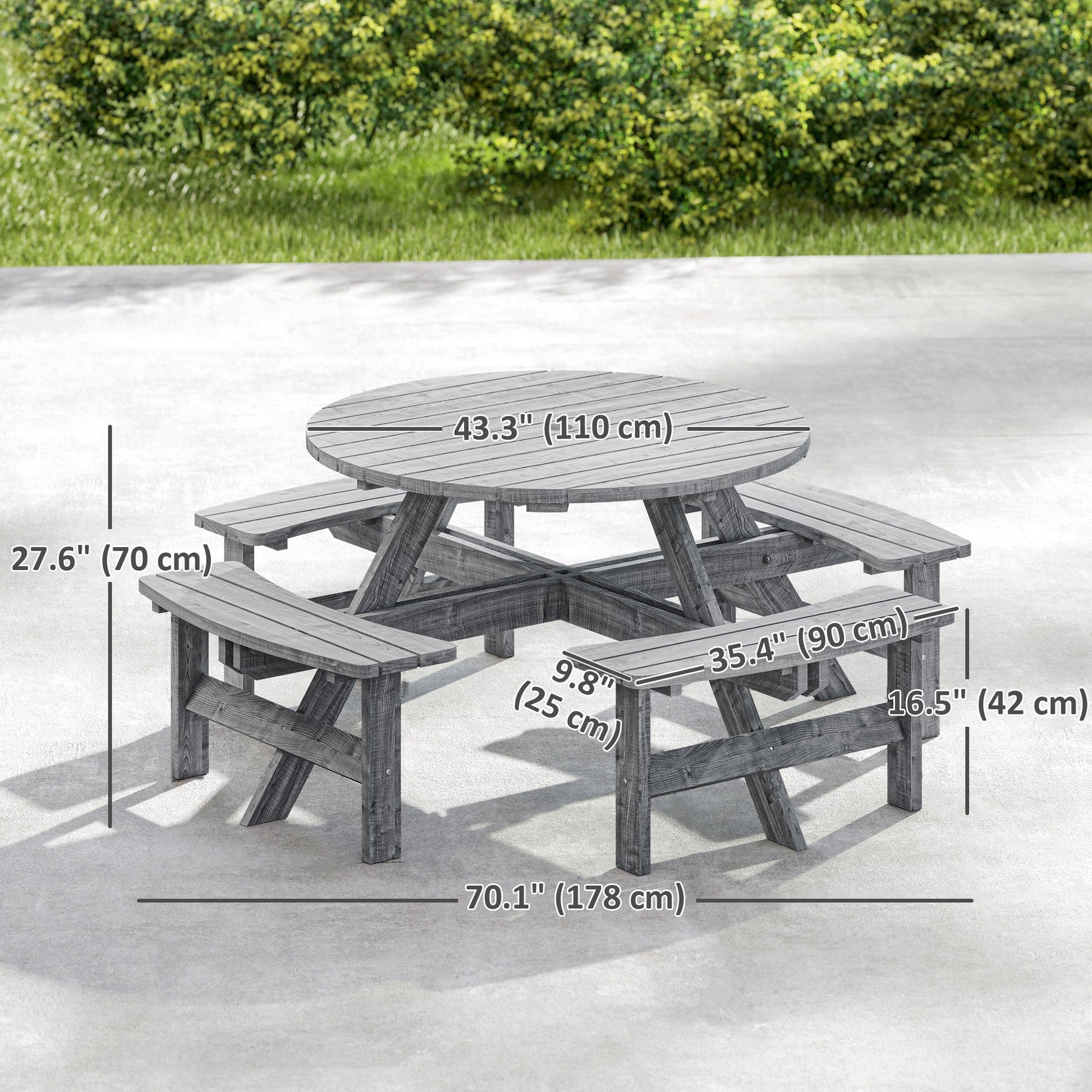 8 Seater Round Wooden Pub Bench & Picnic Table, Patio Dining Set for Outdoor Patio (Umbrella Not Included)