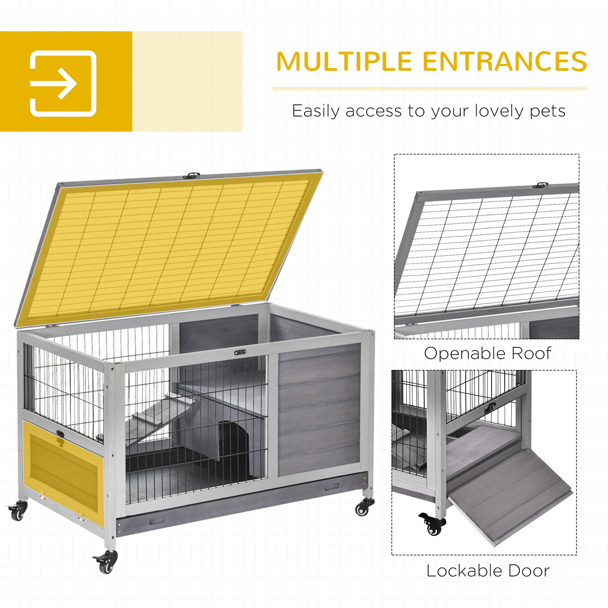 Wooden Indoor Rabbit Hutch Elevated Bunny Cage Habitat with Enclosed Run with Wheels, Suitable for Rabbits and Guinea Pigs, Grey