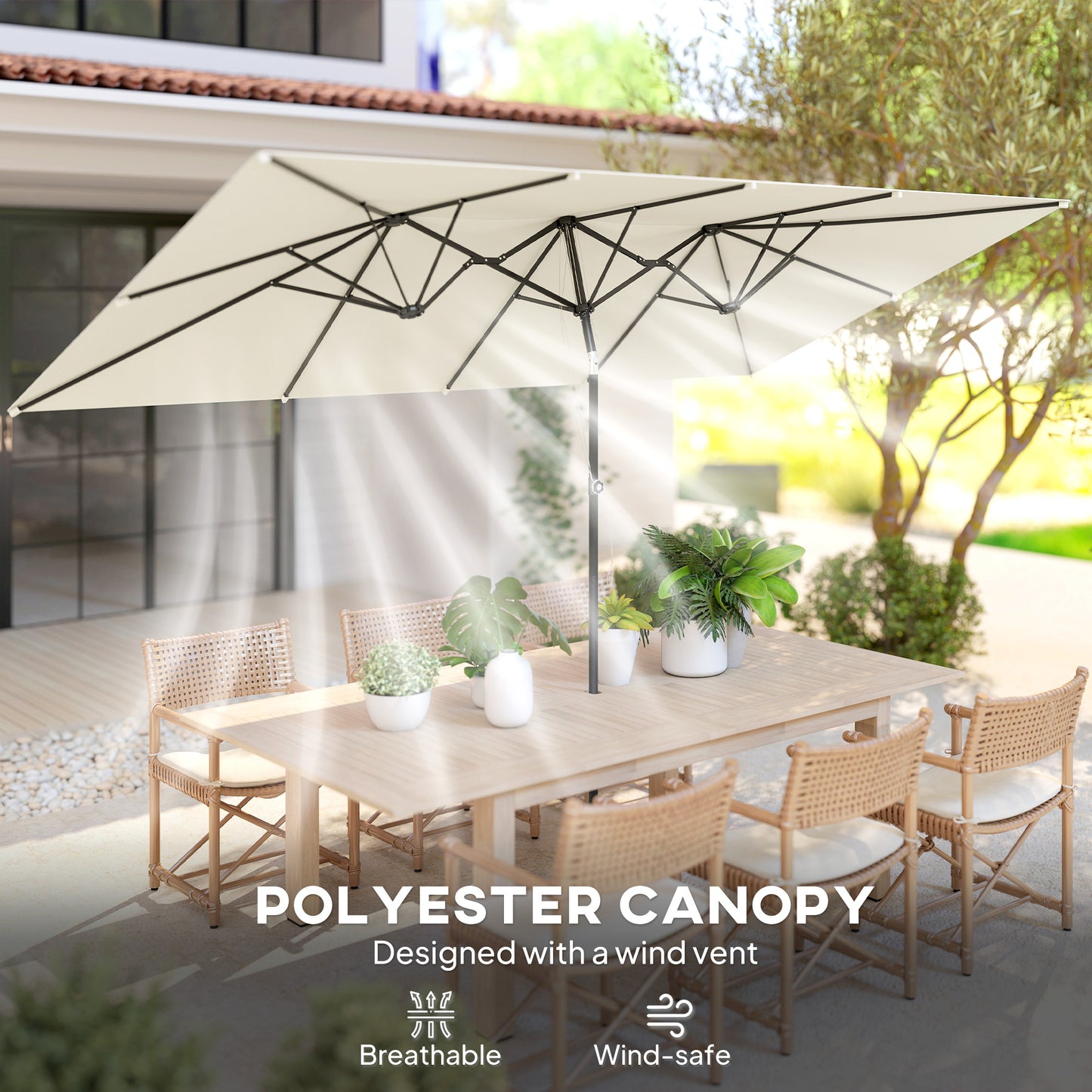 Double-Sided Patio Umbrella Parasol with Tilt, Adjustable Height, Vents and 12 Ribs, for Garden, White