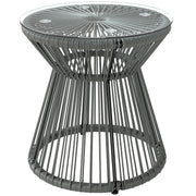 Round End Table, Rattan Side Table, Hollow Drum Design Coffee Table w/ Glass Top for Patio, Garden, Balcony, Dark Grey
