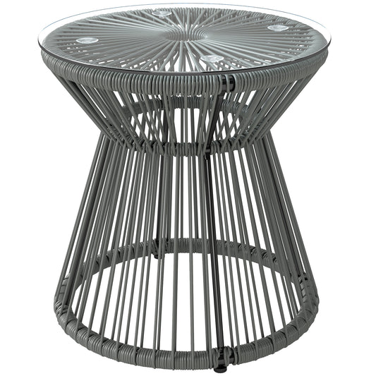 Round End Table, Rattan Side Table, Hollow Drum Design Coffee Table w/ Glass Top for Patio, Garden, Balcony, Dark Grey