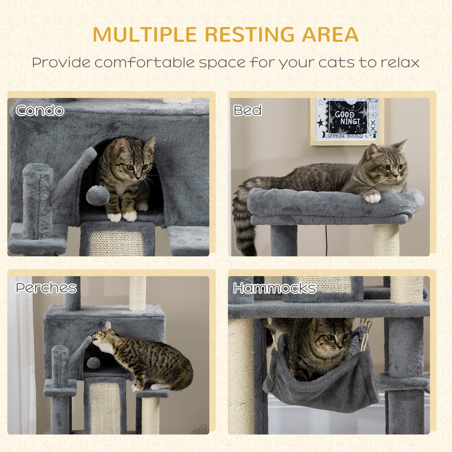 55" Cat Tree for Indoor Cats, Cat Tower, Kitty Activity Center with Cat Bed Ramp Condo Hammocks Hanging Ball Toys Sisal Rope Scratching Post, Grey