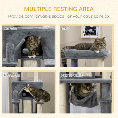 55" Cat Tree for Indoor Cats, Cat Tower, Kitty Activity Center with Cat Bed Ramp Condo Hammocks Hanging Ball Toys Sisal Rope Scratching Post, Grey