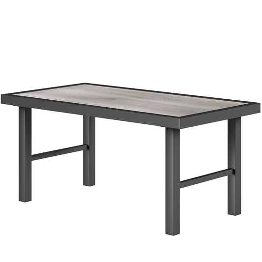 Outdoor Side Table with SPC Woodgrain Tabletop, Metal Patio Coffee Table for Outside Garden, Distressed Grey