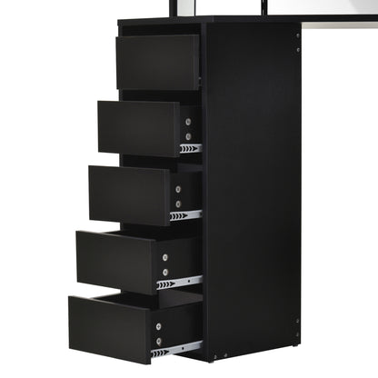 Corner Vanity Desk with Mirror, Makeup Vanity Table with 5 Drawers and Open Shelves, Dressing Table with 3-piece Mirror for Bedroom, Black