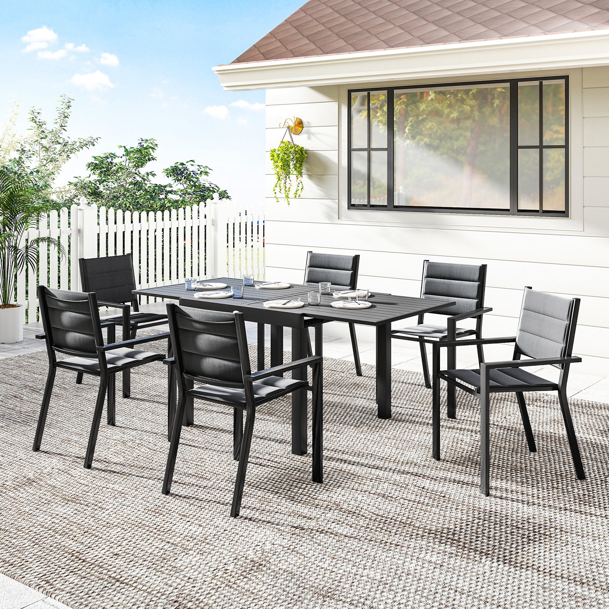 Patio Dining Set for 6, Aluminum Expandable Outdoor Table and 6 Stackable Chairs with Padded Back, Mesh Seat, Black