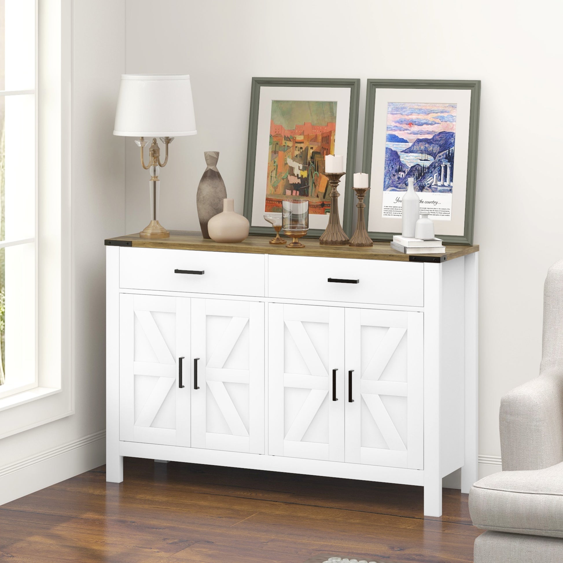 Sideboard Buffet Cabinet, Farmhouse Kitchen Storage Cabinet w/ 2 Drawers and Shelves for Living Room, Entryway