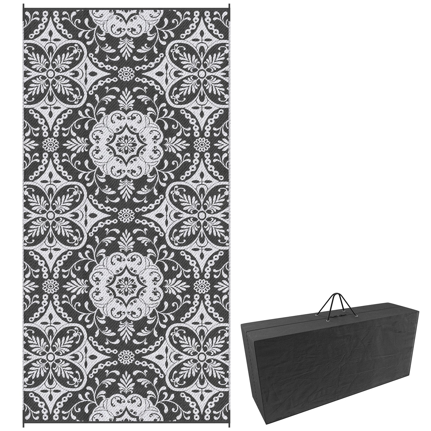 Portable Outdoor Rug with Carry Bag, 9' x 18' Reversible Mat, Waterproof Plastic Straw RV Rug for Backyard, Deck, Picnic, Beach, Camping, Gray & White Flower