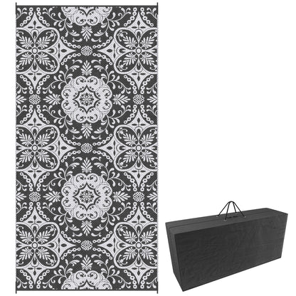 Portable Outdoor Rug with Carry Bag, 9' x 18' Reversible Mat, Waterproof Plastic Straw RV Rug for Backyard, Deck, Picnic, Beach, Camping, Gray & White Flower
