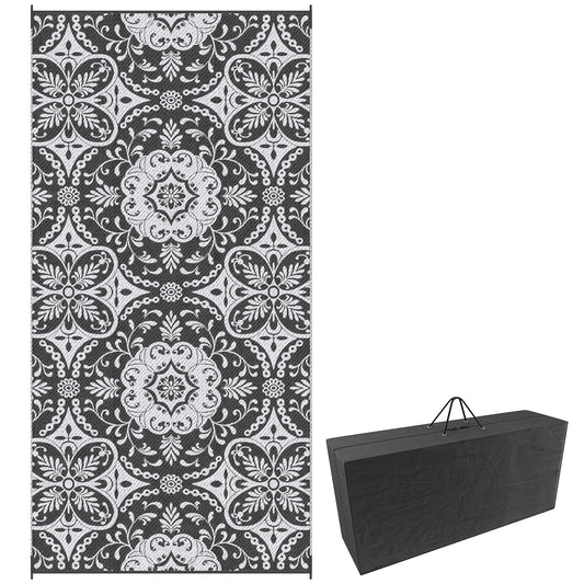 Portable Outdoor Rug with Carry Bag, 9' x 18' Reversible Mat, Waterproof Plastic Straw RV Rug for Backyard, Deck, Picnic, Beach, Camping, Gray & White Flower
