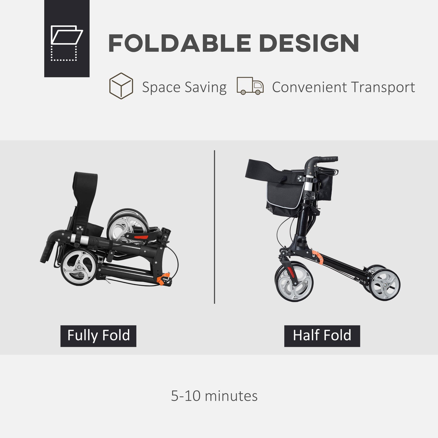 Lightweight Folding Rolling Walker with Large Seat, Back, Adjustable Handle, Bag, Dual Brake, Cane Holder, Black