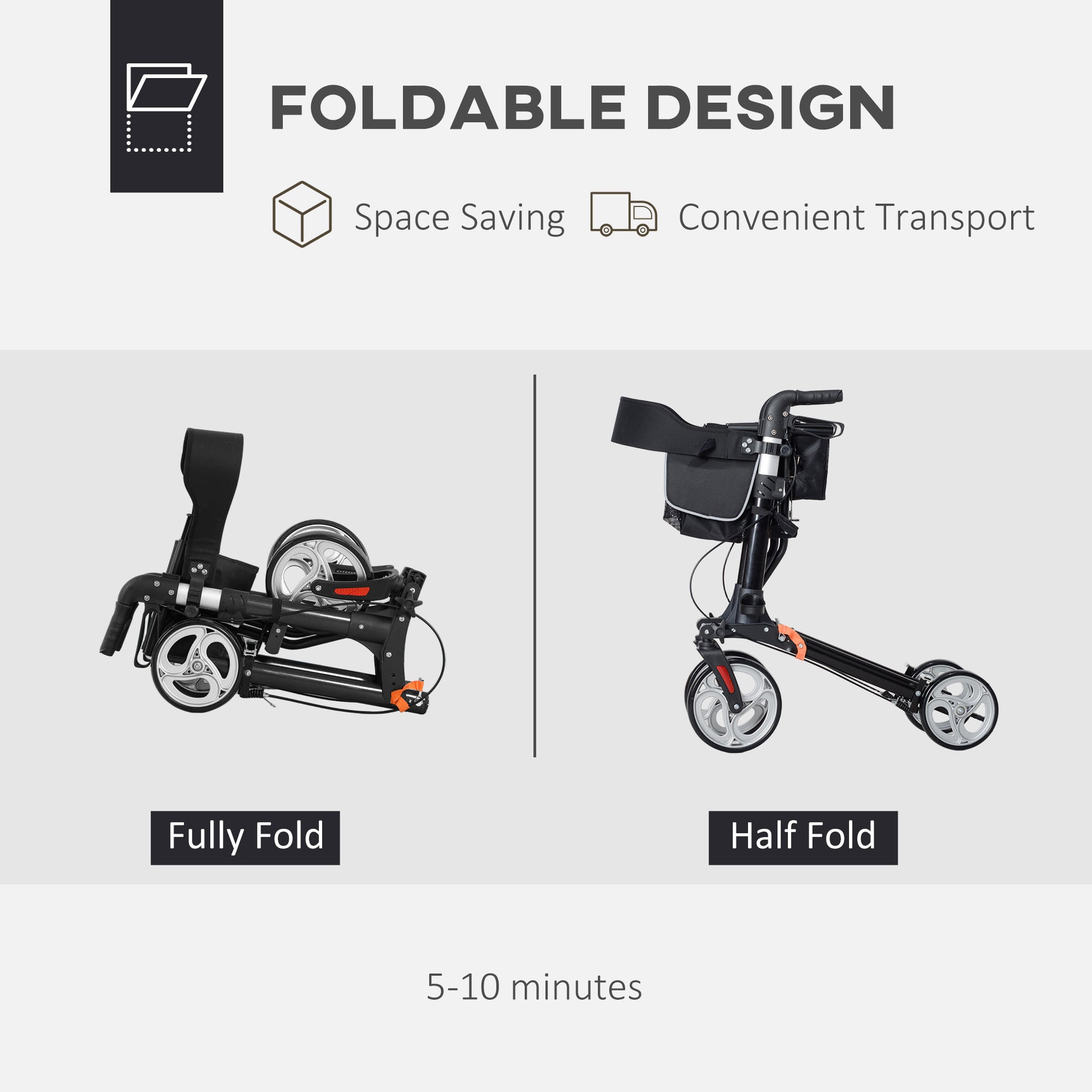 Lightweight Folding Rolling Walker with Large Seat, Back, Adjustable Handle, Bag, Dual Brake, Cane Holder, Black