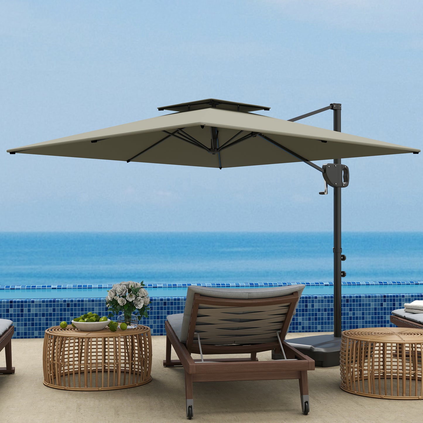 Square Cantilever Patio Umbrella, Double Top Patio Hanging Offset Umbrella with Crank & Tilt, 8' x 9', Light Grey