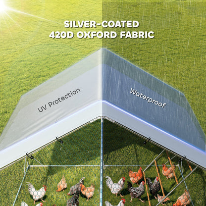 Large Metal Chicken Run with Waterproof & UV-Resistant Cover, Feeding Door, Hanging Feeder, Perch, for 24-30 Chickens