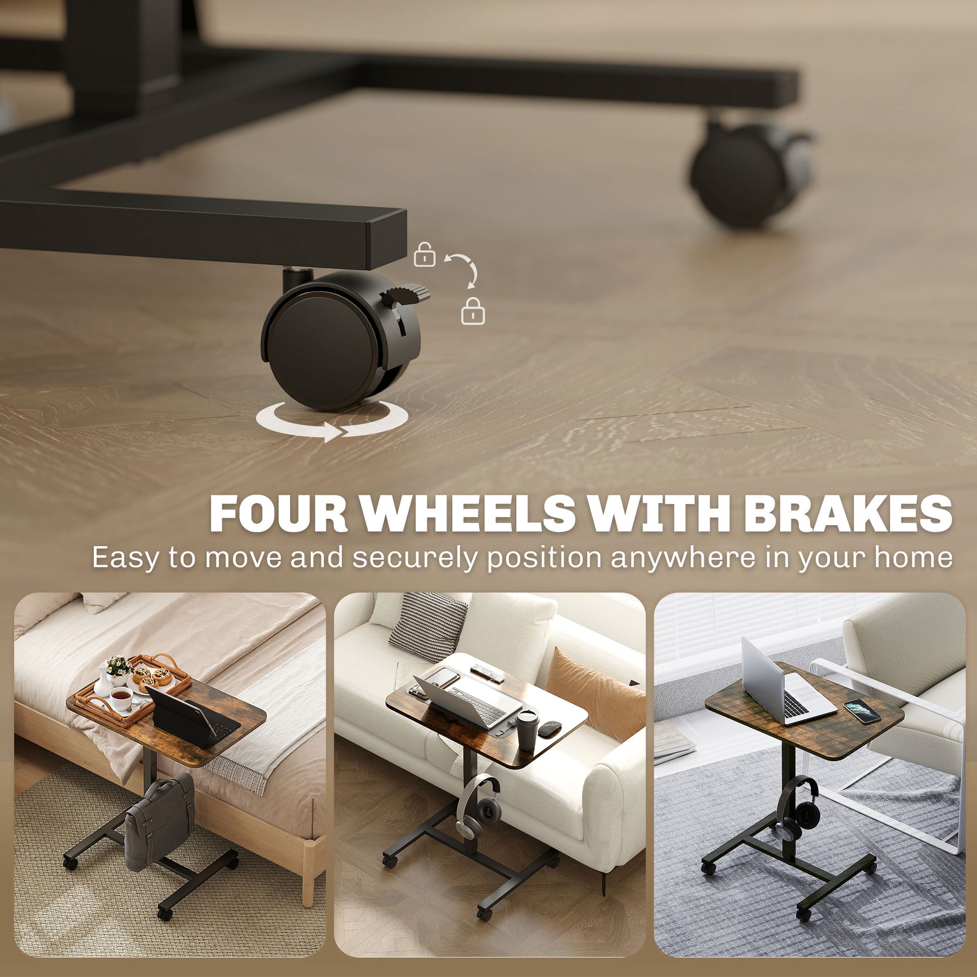 Height Adjustable Standing Desk, Pneumatic Sit Stand Desk with Wheels and Headphone Hook, Rustic Brown