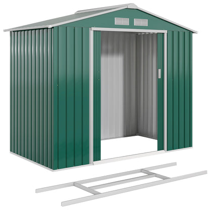 7' x 4' x 6' Garden Storage Shed Outdoor Patio Metal Tool Storage House w/ Foundation Kit and Double Doors Green
