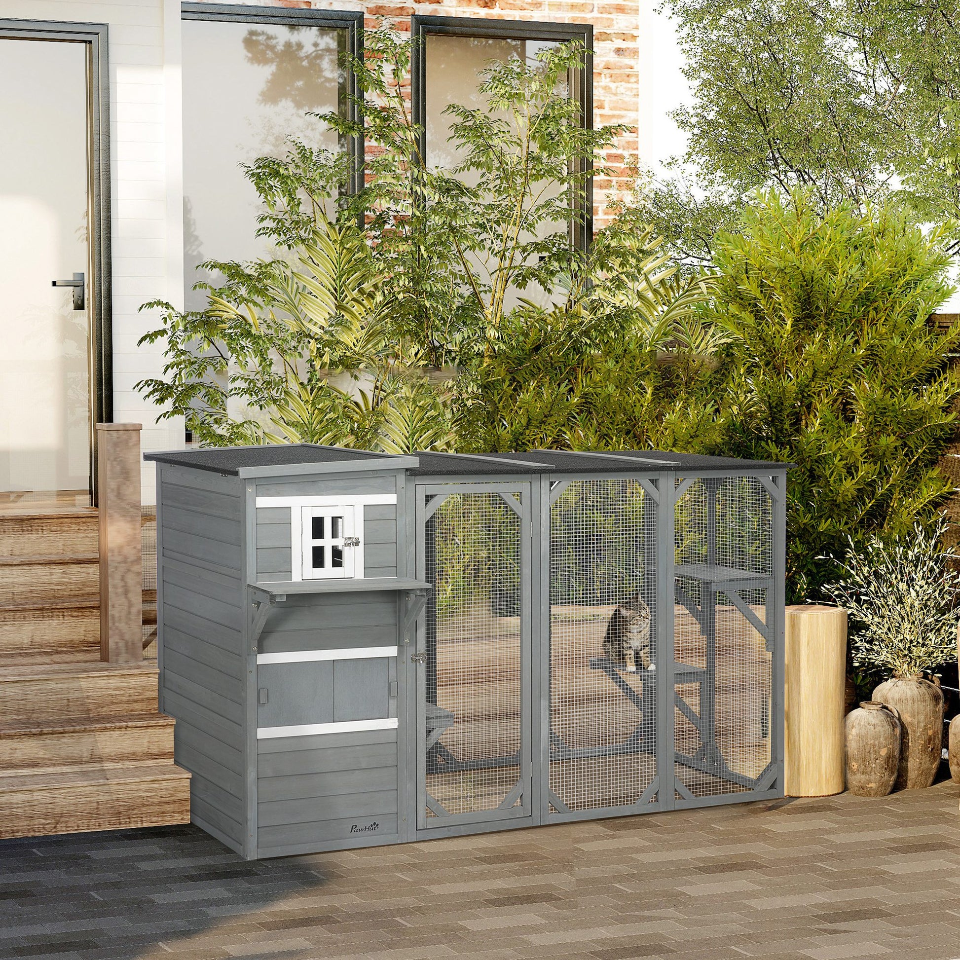 Wooden Cat Catio, 76"L Walk in Outdoor Cat House with Asphalt Roof, Platforms, Lockable Doors, 3-tier Resting Condo, Observation Window, for 2-3 Cats, Light Grey