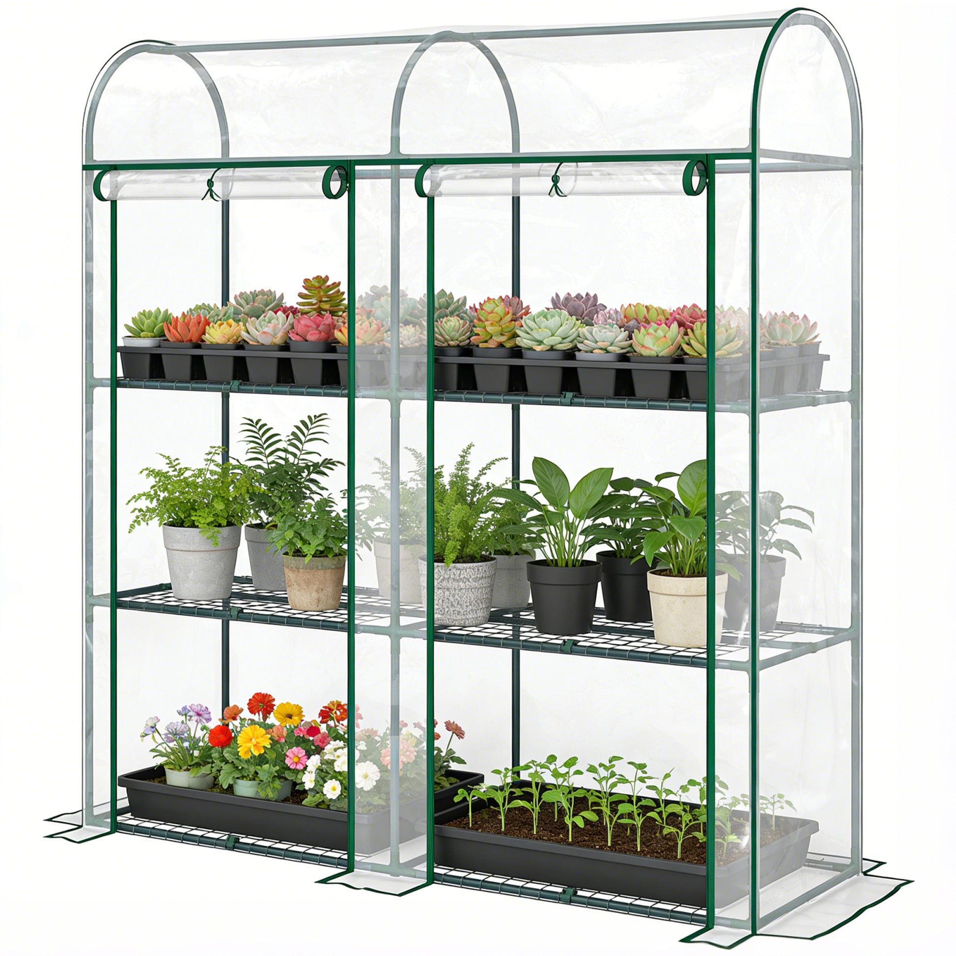 3 Tier Mini Greenhouse, Portable Greenhouse with 2 Roll-up Doors, 56.3" x 18.1" x 64.6", Clear