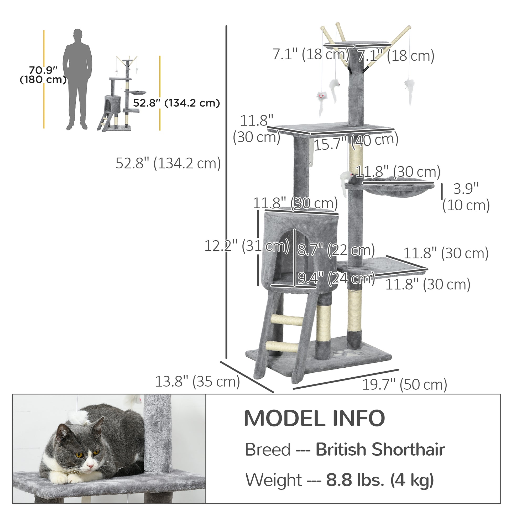 53" Cat Tree Tower, Kitten Activity Centre with Scratching Posts, Condo, Perches, Ladder, Hammock, Dangling Toys, Grey