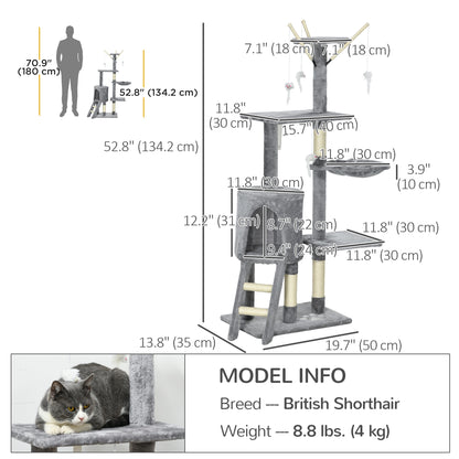 53" Cat Tree Tower, Kitten Activity Centre with Scratching Posts, Condo, Perches, Ladder, Hammock, Dangling Toys, Grey
