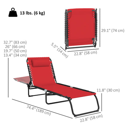 Outdoor Folding Lounge Chair, 4-Level Adjustable Chaise Lounge with Headrest, Tanning Chair Beach Bed Reclining Lounger Cot for Camping, Hiking, Backyard, Wine Red