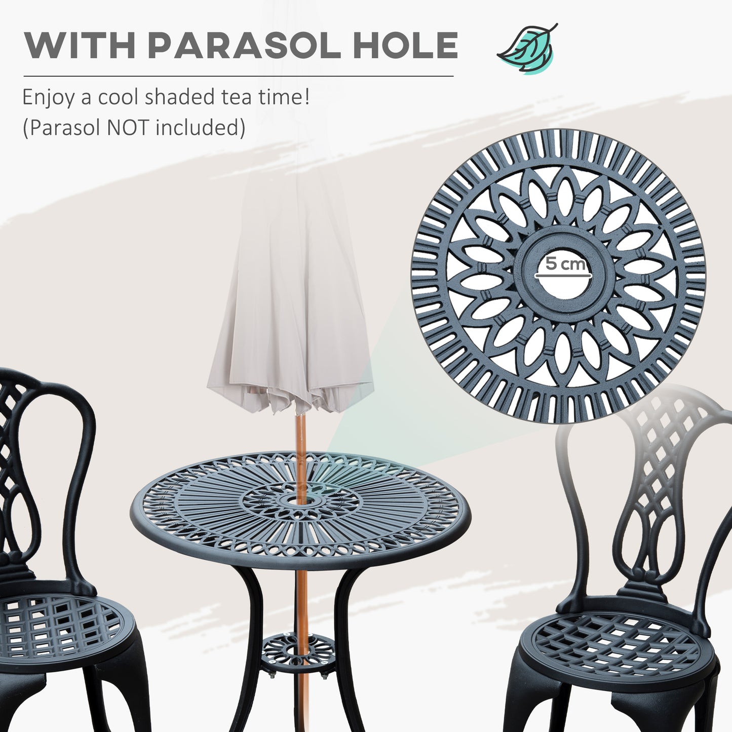 3 Pieces Antique Outdoor Bistro Set Cast Aluminum Patio Table and Chairs with Umbrella Hole, Black