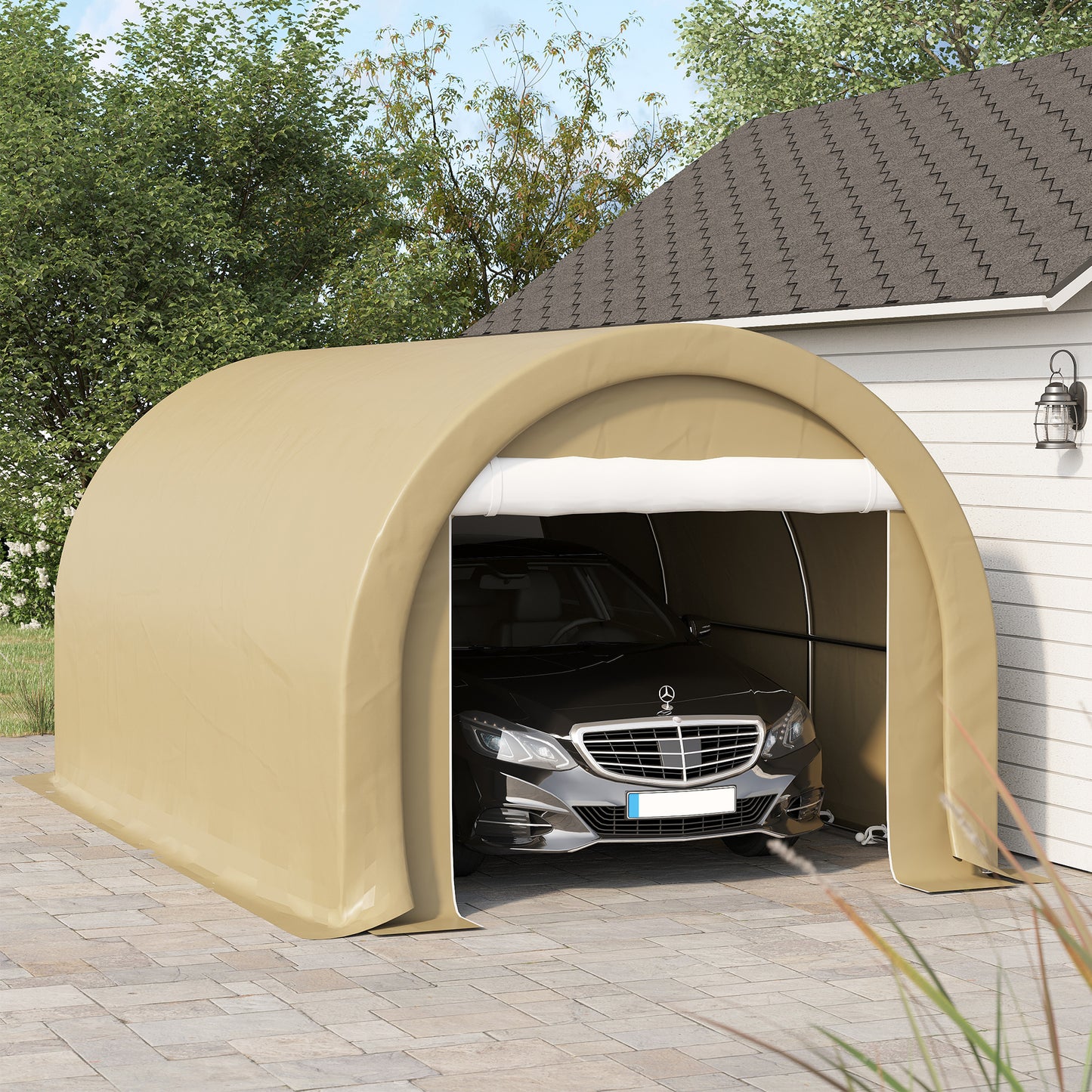 10' x 16' Heavy Duty Portable Carport Tent with Zippered Door, PE Cover for Car, Boat, Motorcycle, Bike, Beige