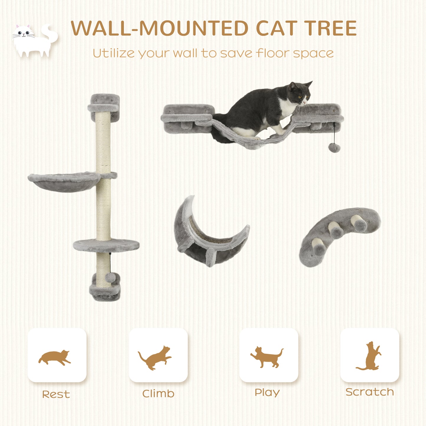 4Pcs Cat Wall Shelf with Scratching Post, Cat Wall Shelves for Relaxing, Climbing, Cat Wall With Soft Ladder, Hammock, Play Balls, Grey