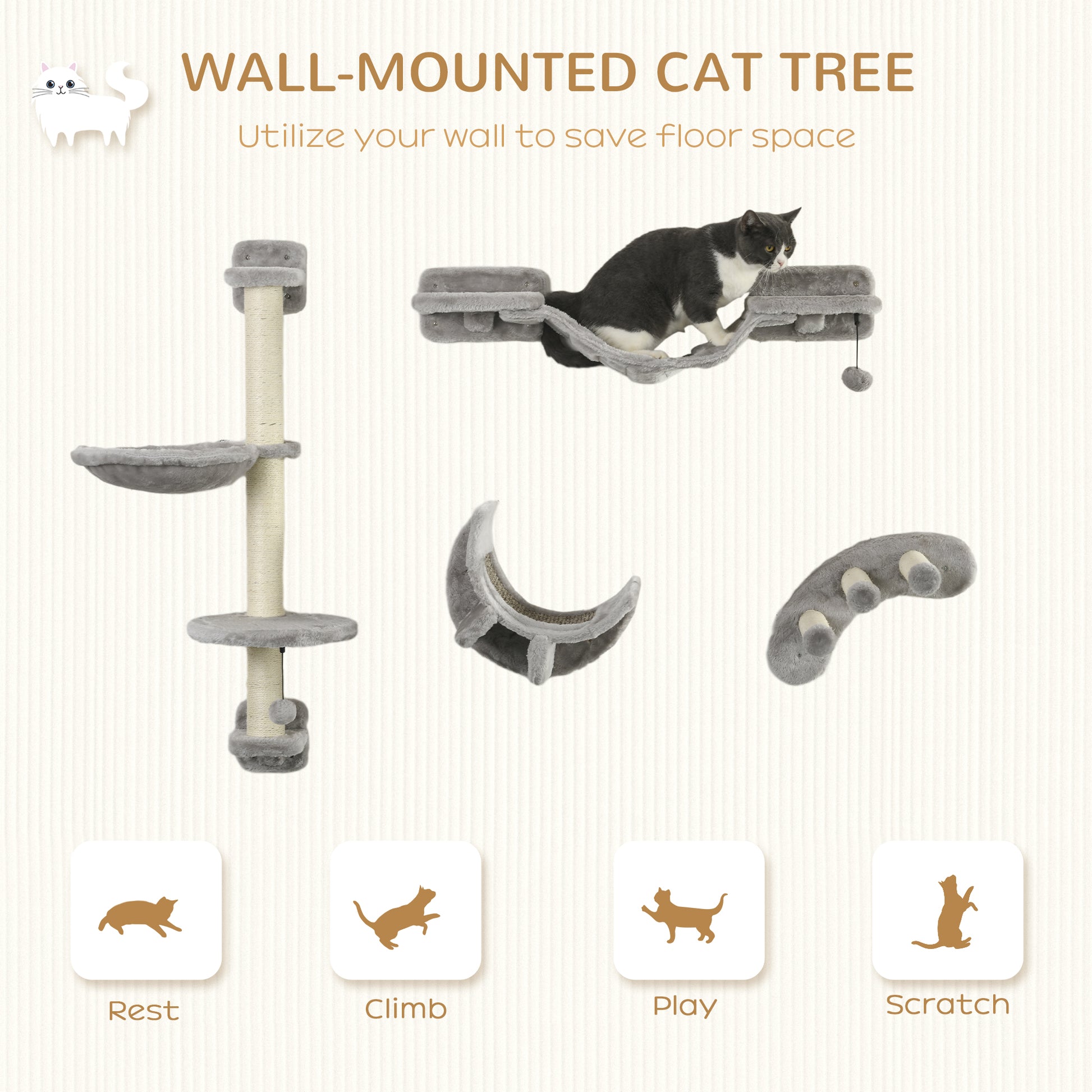4Pcs Cat Wall Shelf with Scratching Post, Cat Wall Shelves for Relaxing, Climbing, Cat Wall With Soft Ladder, Hammock, Play Balls, Grey