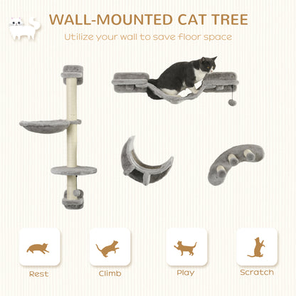 4Pcs Cat Wall Shelf with Scratching Post, Cat Wall Shelves for Relaxing, Climbing, Cat Wall With Soft Ladder, Hammock, Play Balls, Grey