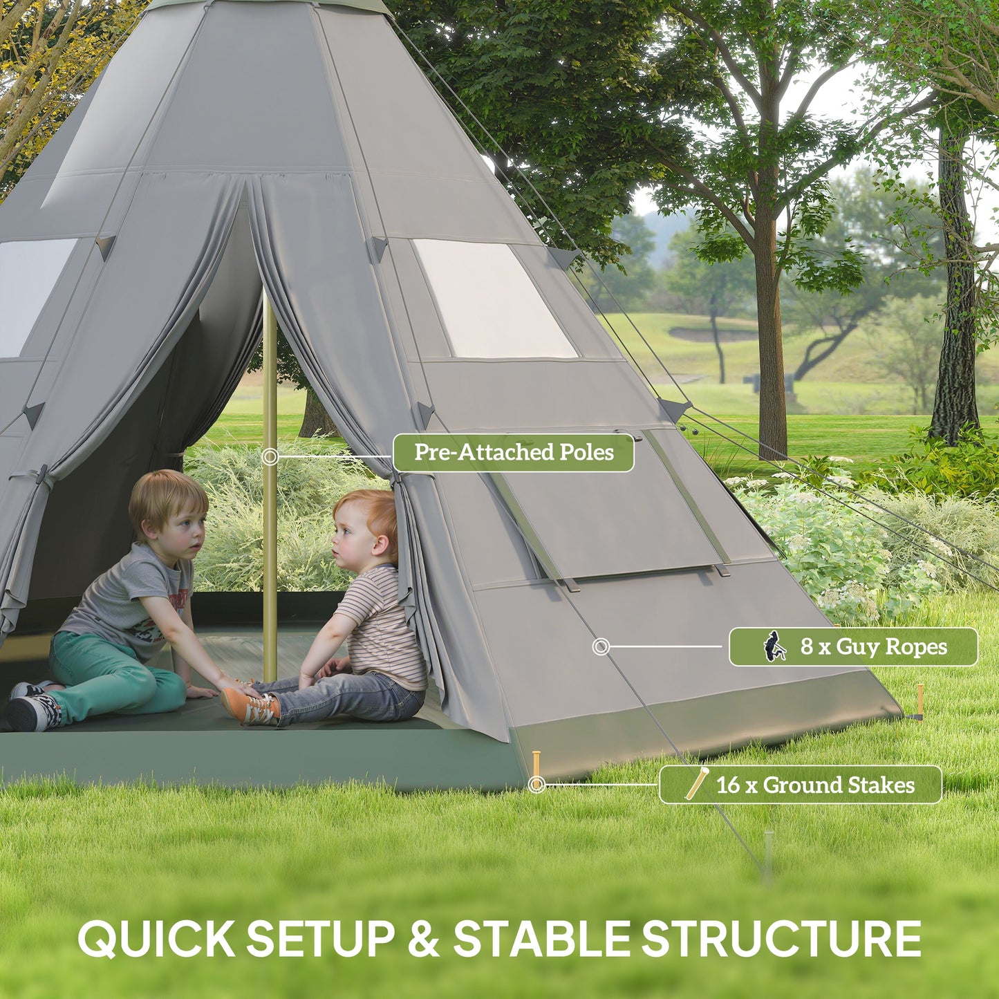6 People Camping in a Family Teepee Tent with Mesh Windows, Tent Floor, Door and Carry Bag for Hiking, Picnic, Grey