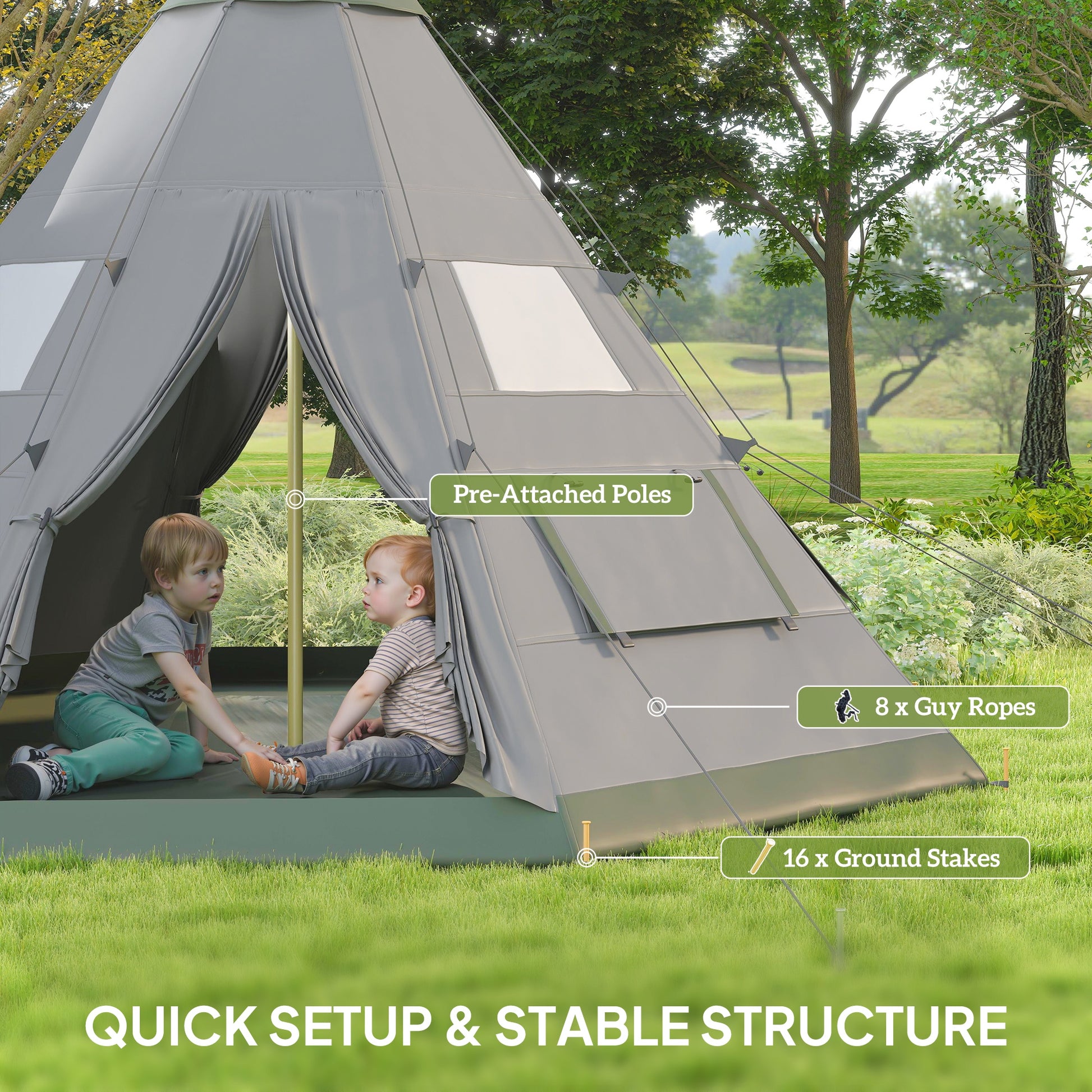 6 People Camping in a Family Teepee Tent with Mesh Windows, Tent Floor, Door and Carry Bag for Hiking, Picnic, Grey