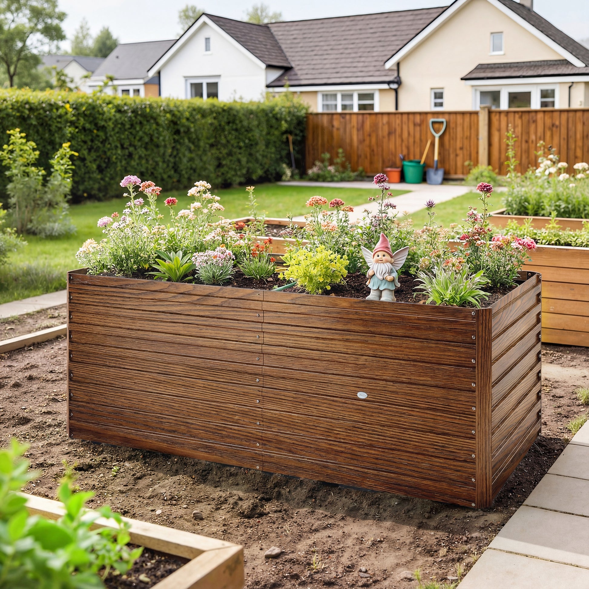 5' x 3' x 2' Raised Garden Bed, Galvanized Planter Box for Growing Flowers, Herbs and Vegetables Dark Brown Wood Effect