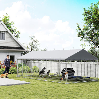 Galvanized Steel Outdoor Dog Kennel with Roof, Safety Locks, for Backyard, 19.7' x 9.8' x 7.1'