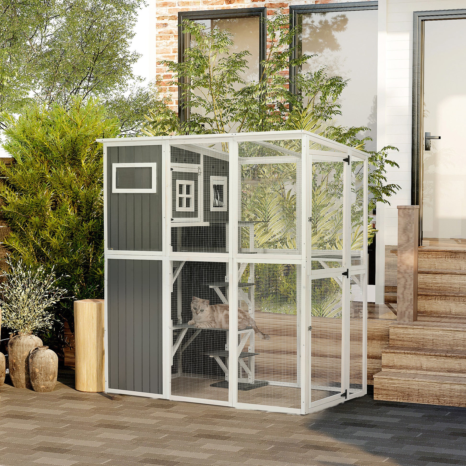 Wooden Cat Catio, 66.5"L Walk in Outdoor Cat House with PVC Weather Protection Roof, Multiple Platforms, Lockable Doors, Resting Condo, Observation Window, for 2 Cats
